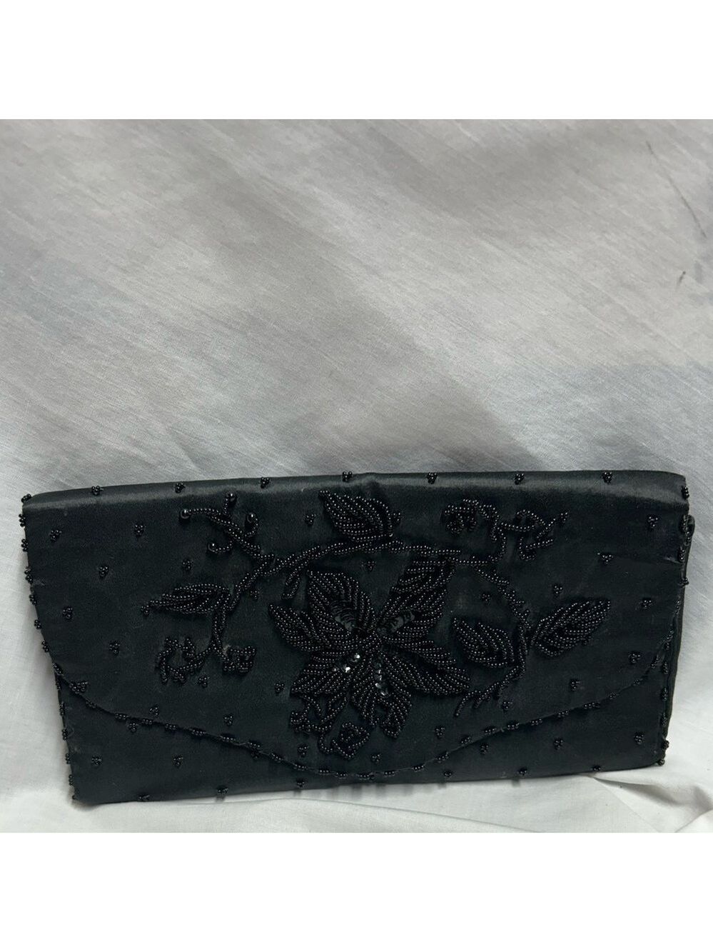 Nice Vintage Art Deco Clutch Black Beaded Sequin Satin Made In Hong Kong